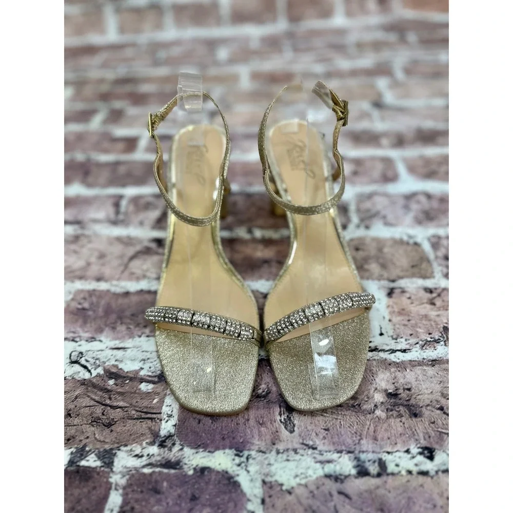 Jewel Badgley Mischka Gold Glitter Crystal Block Heel Sandals Women Formal NWOB